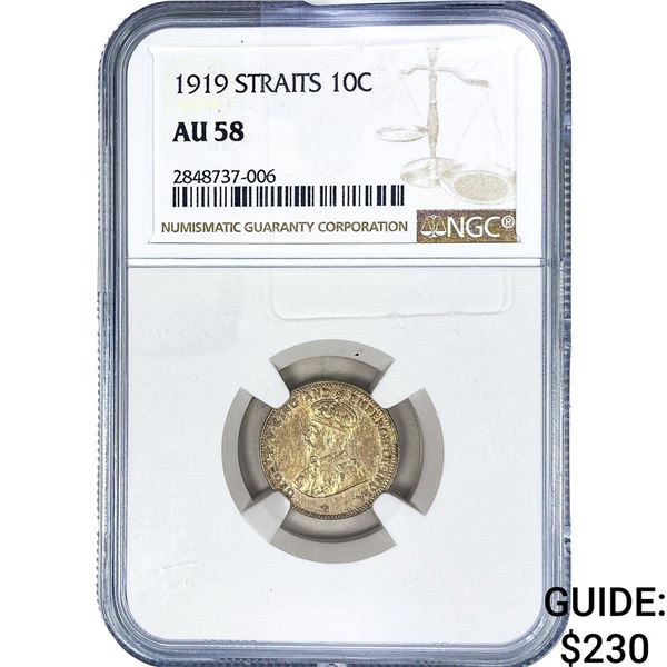 1919 Straits Settlements Silver 10 Cents NGC AU58