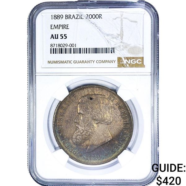 1889 Brazilian Empire Silver 2000 Reis NGC AU55