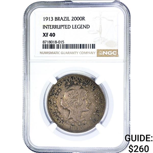 1913 Brazil Silver 2000 Reis NGC XF40