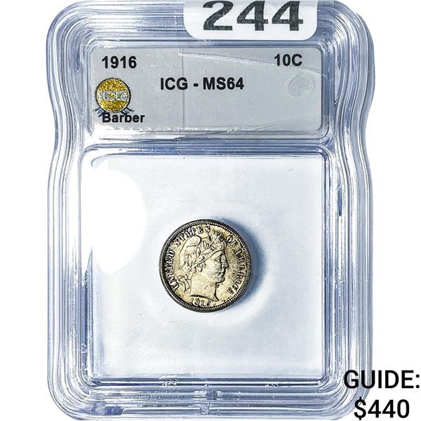 1916 Barber Dime ICG MS64