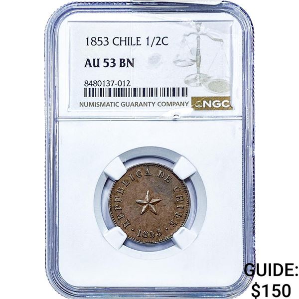 1853 Chile Copper 1/2 Centavos NGC AU53 BN