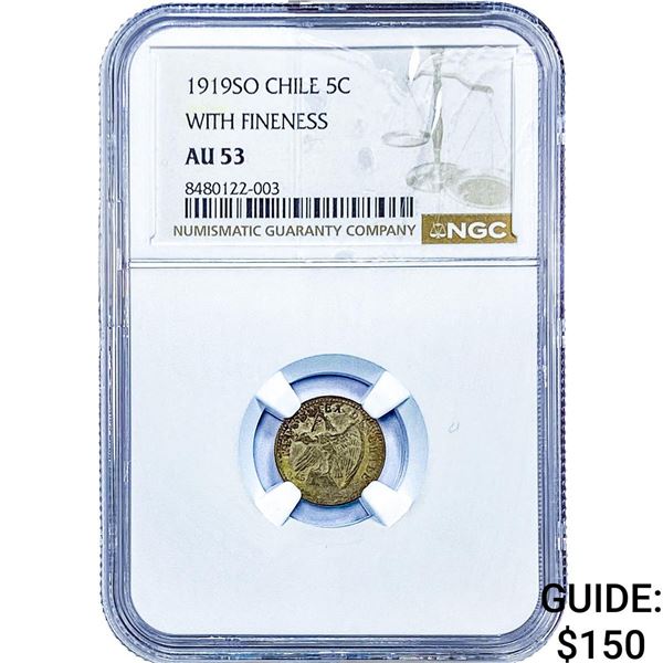 1919 Chile Silver 5 Centavos NGC AU53