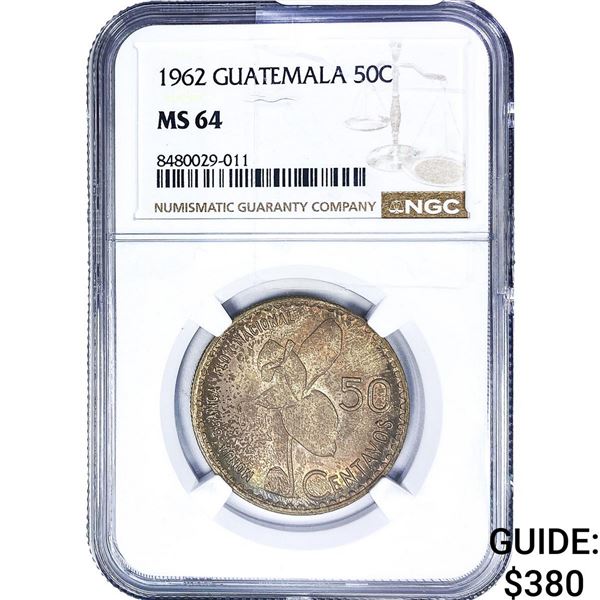 1962 Guatemala Silver 50 Centavos Toned! NGC MS64