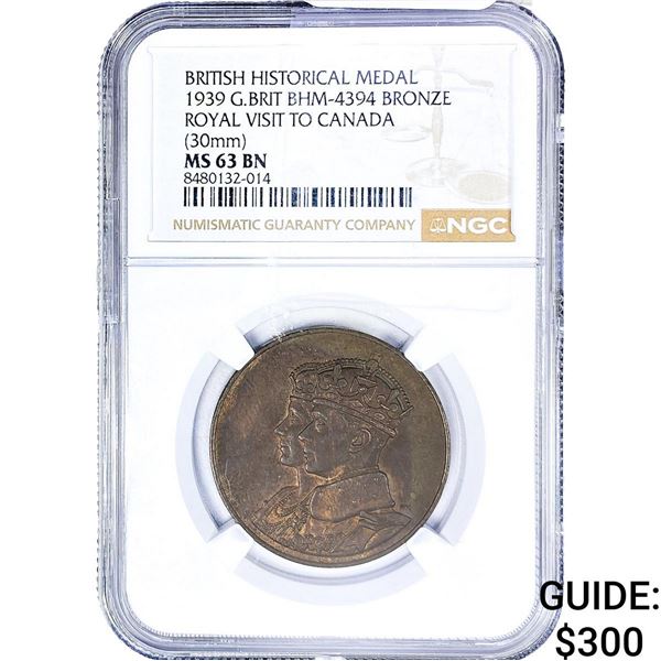 1939 Royal Visit to Canada Copper Medal NGC MS63 BN