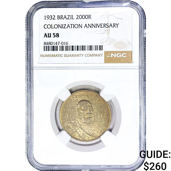 1932 Brazil Silver 2000 Reis NGC AU58