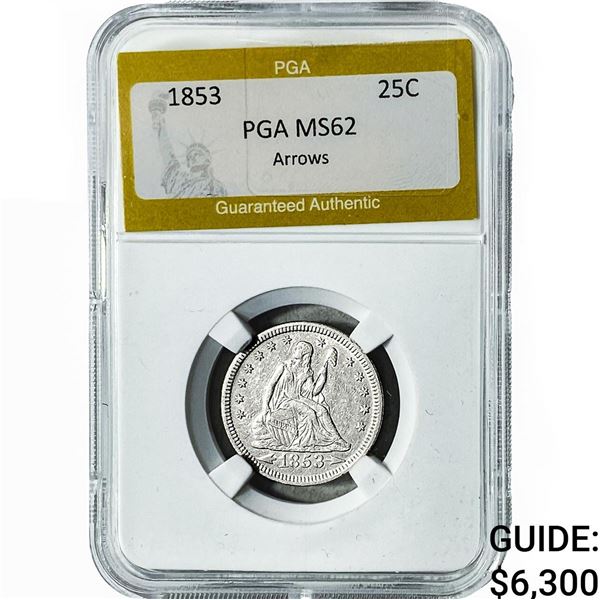 1853 Seated Liberty Quarter PGA MS62 Arrows