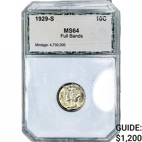 1929-S Mercury Silver Dime PCI MS64Full Bands