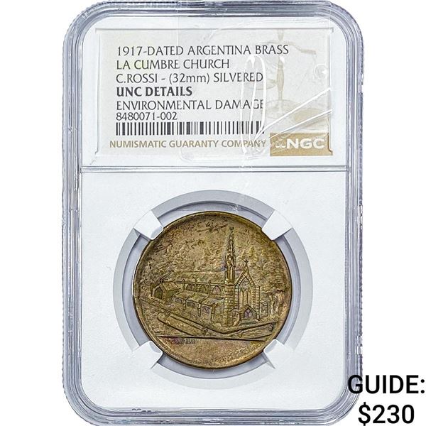 1917 Argentina Silvered Brass La Cumbre Church Medal NGC UNC Details