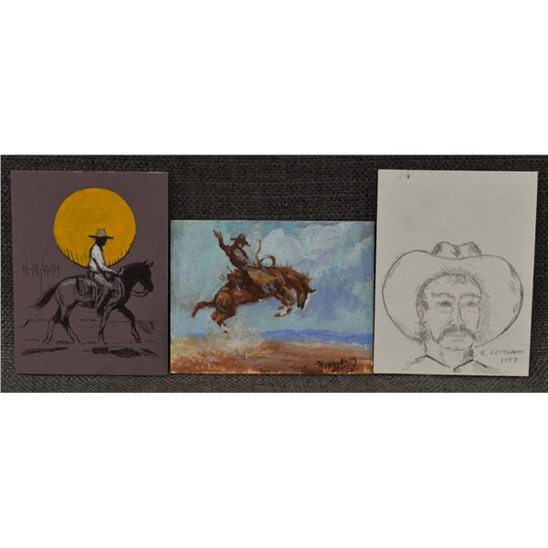 THREE MINIATURE WESTERN PAINTINGS/DRAWINGS