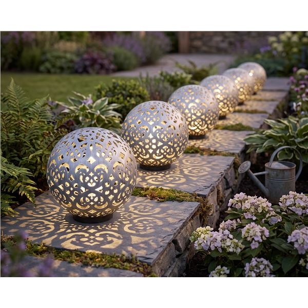 Group of Approx. 8 Filigree Cutout Metal Garden Orb / Globe Light Sculpture