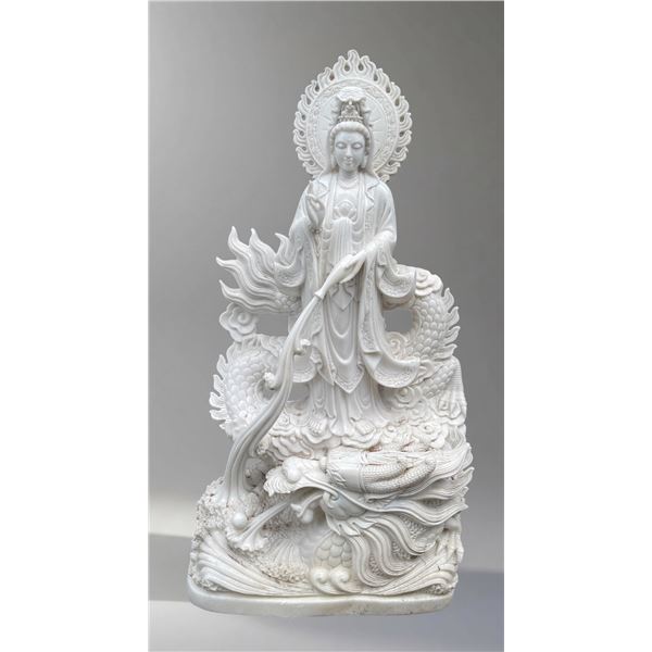 Large Carved White Marble Guan Yin Riding Dragon Garden Statue Sculpture (Approx. Across 45x83in)