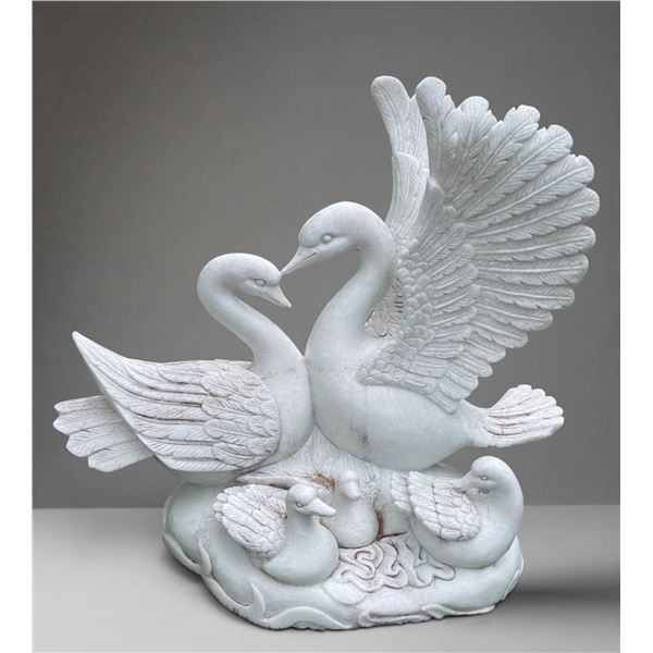 Large Carved White Marble Mating Swan Family Garden Statue Sculpture (Approx. Across 48x43)