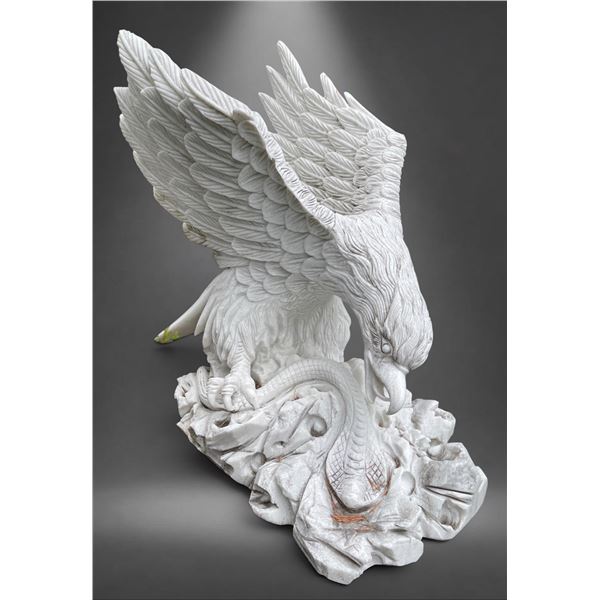 Large Carved White Marble Swooping Eagle Garden Statue Sculpture Right Facing (Approx. Across 31x31)
