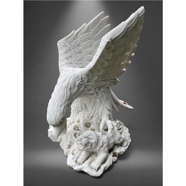 Large Carved White Marble Swooping Eagle Garden Statue Sculpture Left Facing (Approx. Across 31x31)