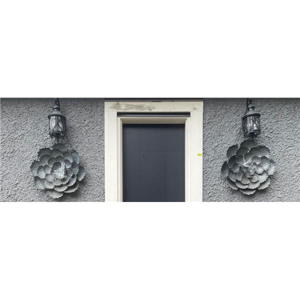 Group of 2 Large Galvanized Metal Layered Floral Hanging Wall / Garden Art Sculpture