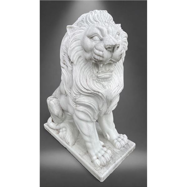 Large Carved White Marble Roaring Guardian Lion Estate Garden Statue Sculpture Right Facing (Approx.