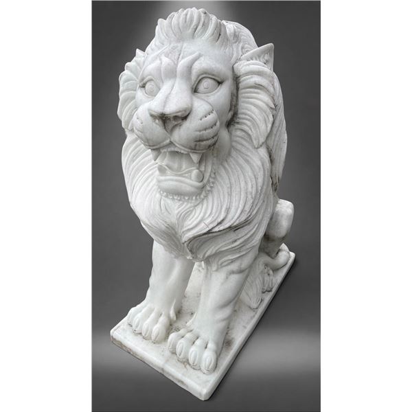 Large Carved White Marble Roaring Guardian Lion Estate Garden Statue Sculpture Left Facing (Approx. 