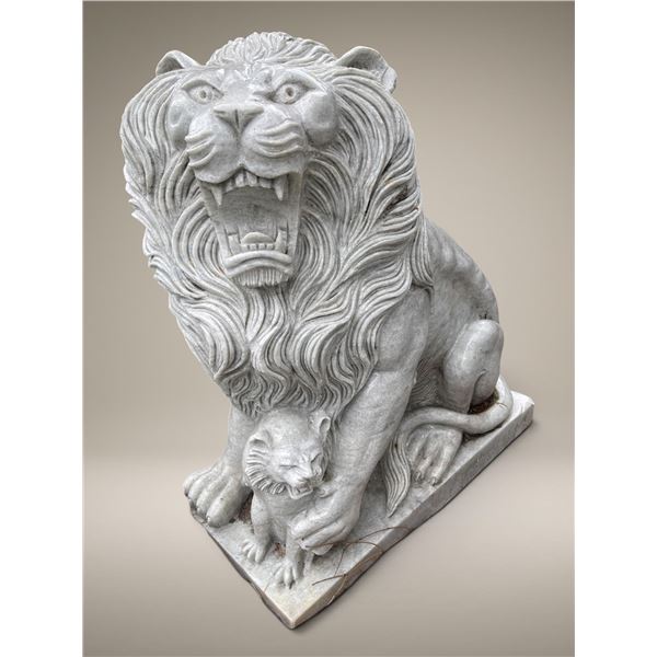 Large Carved White Marble Roaring Guardian Lion with Cub Estate Garden Statue Sculpture Left Facing 