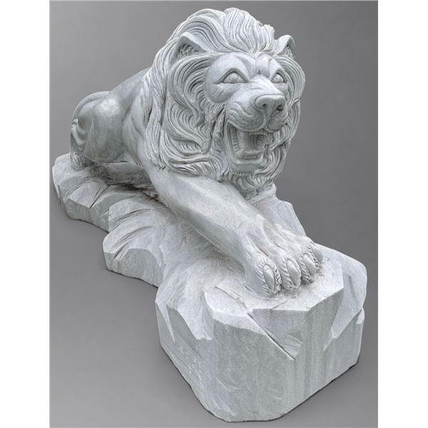 Large Carved White Marble Prowling Guardian Lion Estate Garden Statue Sculpture Right Facing (Approx