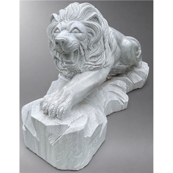 Large Carved White Marble Prowling Guardian Lion Estate Garden Statue Sculpture Left Facing (Approx.