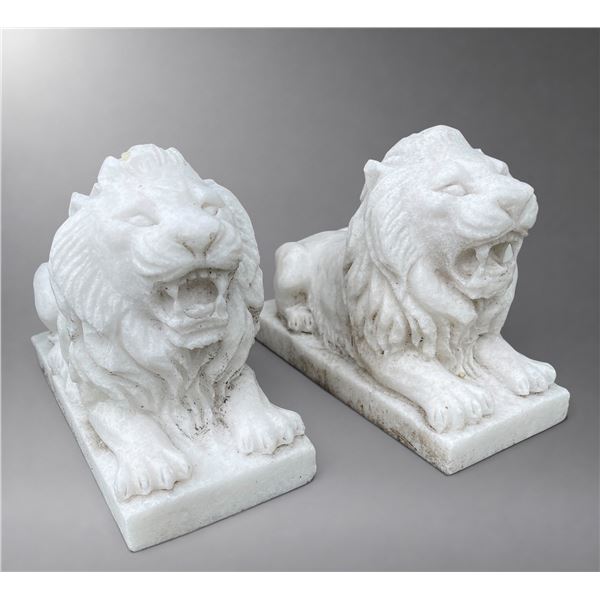 Pair of Carved White Marble Recumbent Guardian Lion Garden Statues (2 Pcs)