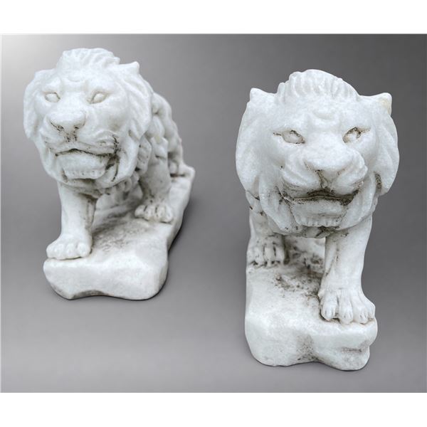 Pair of Carved White Marble Guardian Lion Garden Statues (2 Pcs)