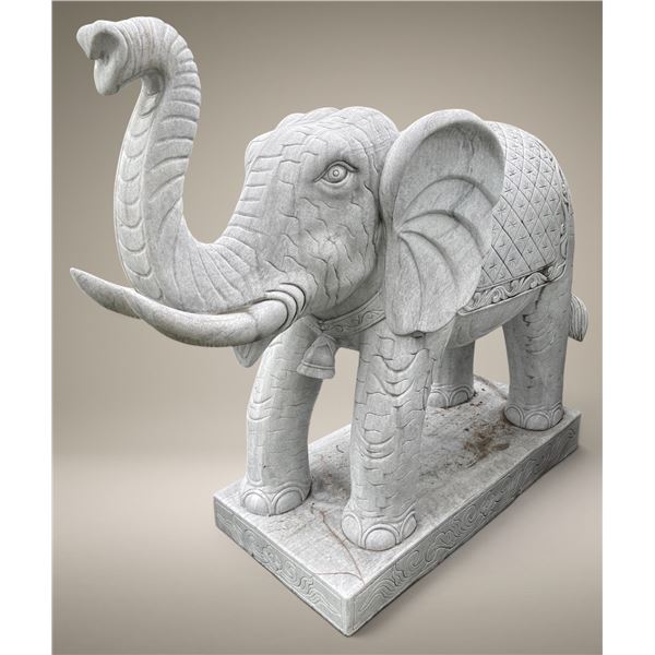 Large Carved White Marble Ceremonial Trunk-Up Elephant Garden Statue Sculpture (Approx. 20x82x64)