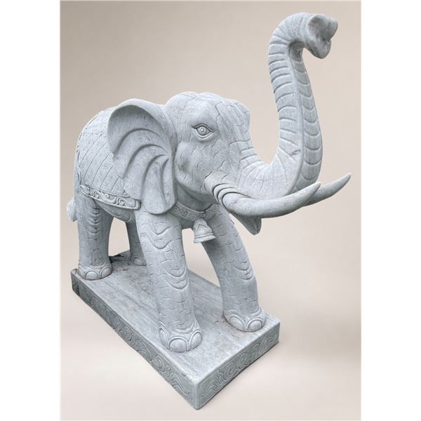 Large Carved White Marble Ceremonial Trunk-Up Elephant Garden Statue Sculpture (Approx. 20x82x64)