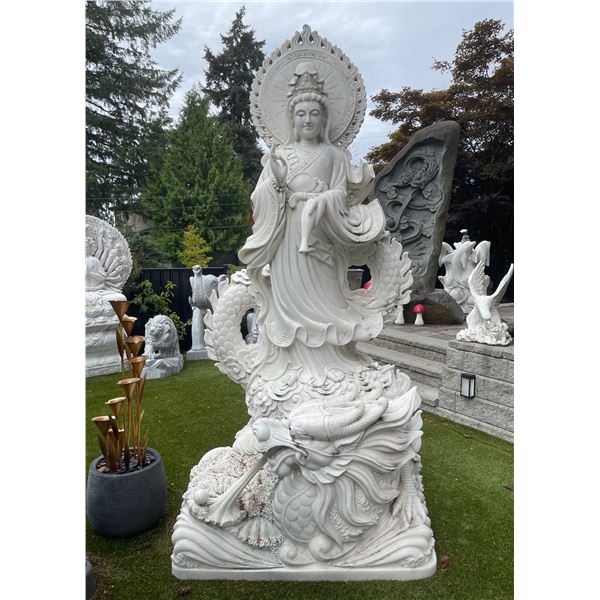 Monumental Carved White Marble Guan Yin Riding Dragon Estate Garden Statue Sculpture (Approx. 53x34x