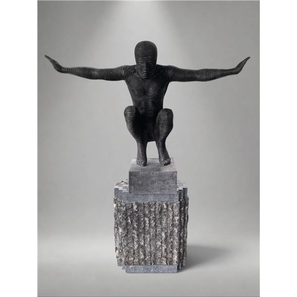Monumental Contemporary Crouching Male Figure Sculpture on Chiseled Stone Pedestal Base (Approx. 14x
