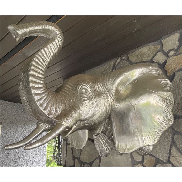 Large Cast Aluminum Silver-Finish Elephant Bust Wall Trophy Sculpture