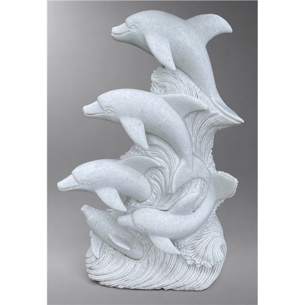 Carved White Marble Multi-Dolphin Pod Garden Statue Sculpture/Fountain (Approx.42x20)