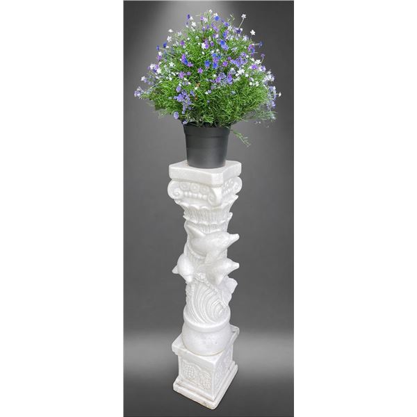 Carved White Marble Dolphin Motif Architectural Pedestal / Plant Stand Column (Approx.46in H)