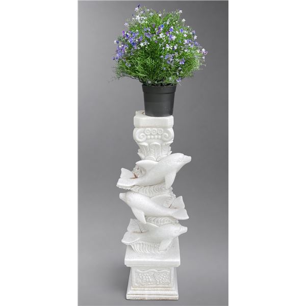 Carved White Marble Dolphin Motif Architectural Pedestal / Plant Stand Column (Approx.46in H)