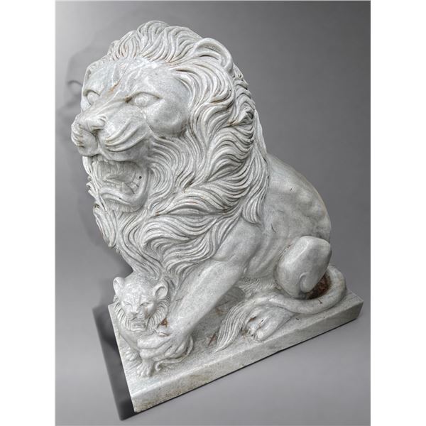 Large Carved White Marble Roaring Guardian Lion with Cub Estate Garden Statue Sculpture Right Facing