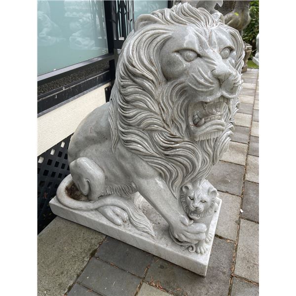 Large Carved White Marble Roaring Guardian Lion with Cub Estate Garden Statue Sculpture Left Facing 