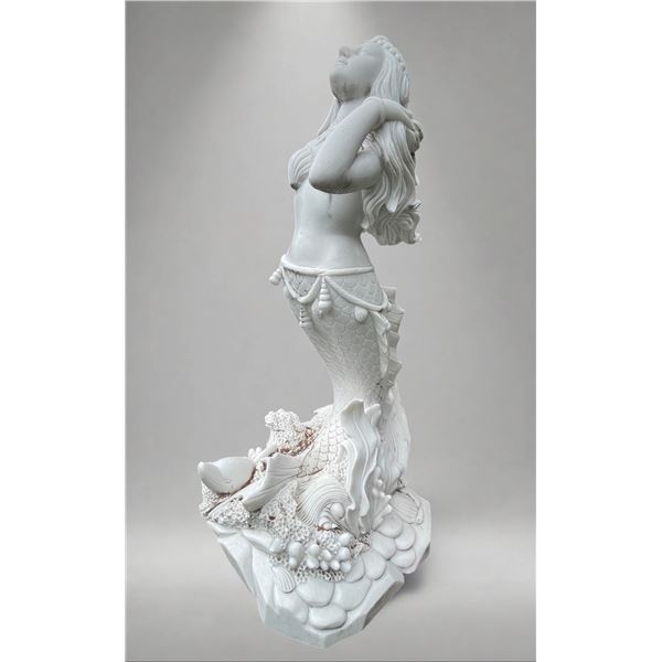 Monumental Carved White Marble Mermaid on Coral Reef Garden Statue Sculpture (Approx. 39x82)