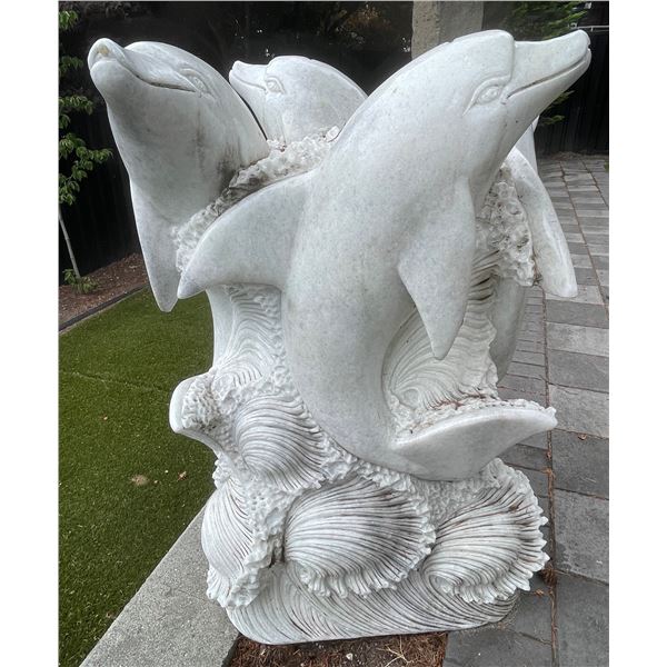 Large Carved White Marble Pod of Dolphins Garden Statue Sculpture/Fountain (Approx. 3.2ftx4ft H)