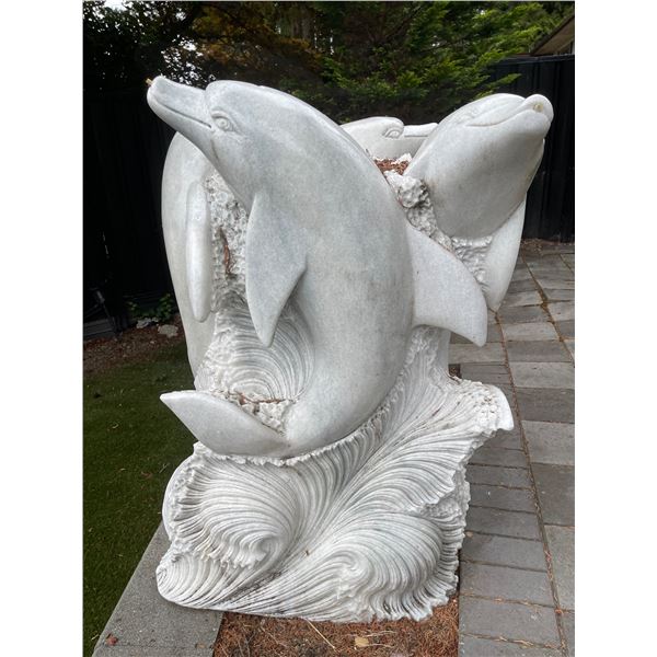Large Carved White Marble Pod of Dolphins Garden Statue Sculpture/Fountain (Approx. 3.2ftx4ft H)
