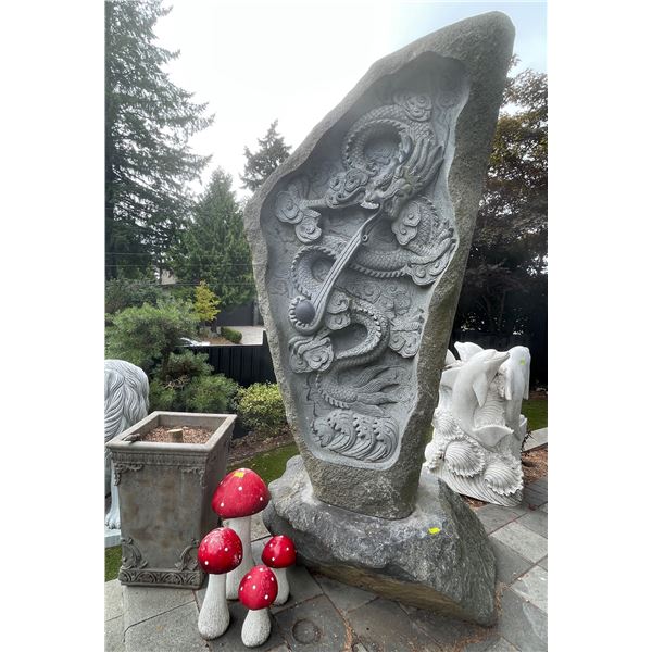 Monumental Hand-Carved Natural Stone Monolith with Imperial Dragon Bas-Relief Sculpture (Approx. 54x