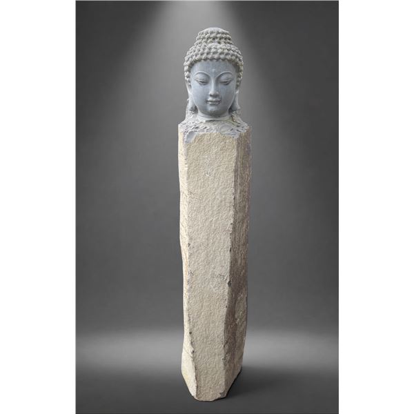 Monumental Hand-Carved Natural Basalt Column Stone Buddha Head Garden Pillar Sculpture (Approx. 12x7