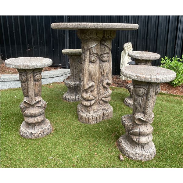 5-Piece Cast Stone Faux Bois Tiki Totem Outdoor Patio Bistro Table & Stool Set