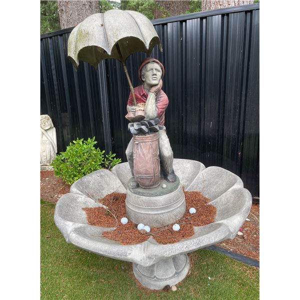 Cast Stone Golfer under Umbrella Scalloped Basin Birdbath / Garden Fountain Sculpture