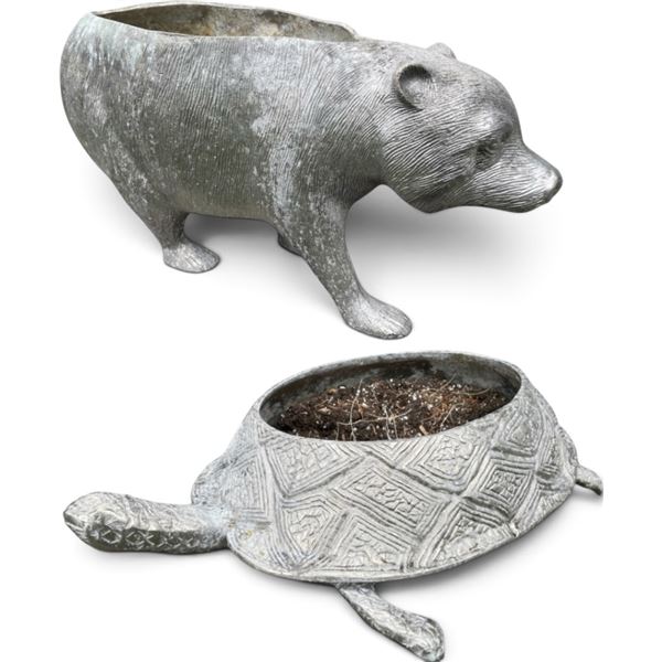 Pair of Silver-Finish Bear & Sea Turtle Figural Garden Planters (2 Pcs)