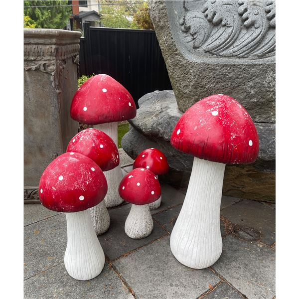 Set of 6 Whimsical Painted Red Amanita Toadstool Mushroom Garden Statues