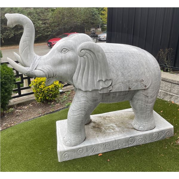 Monumental Carved Grey Veined Marble Ceremonial Asian Elephant Garden Statue Sculpture (Approx. 80x2
