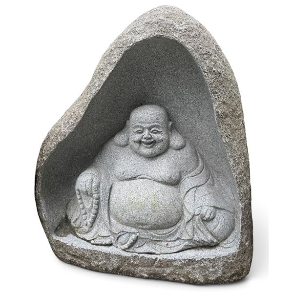 Monumental Hand-Carved Natural Stone Monolith with Recessed Laughing Buddha (Hotei) Sculpture (Appro