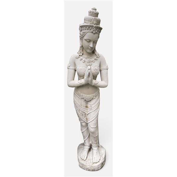 Stone Standing Thai Buddhist Apsara / Greeting Maiden Garden Statue Sculpture (Approx. 35in H)