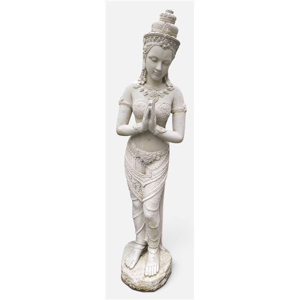 Stone Standing Thai Buddhist Apsara / Greeting Maiden Garden Statue Sculpture (Approx. 35in H)