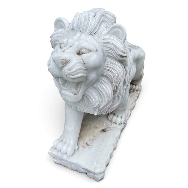 Carved White Marble Roaring Sentinel Lion Estate Garden Statue Sculpture (Approx. 51x17x4)
